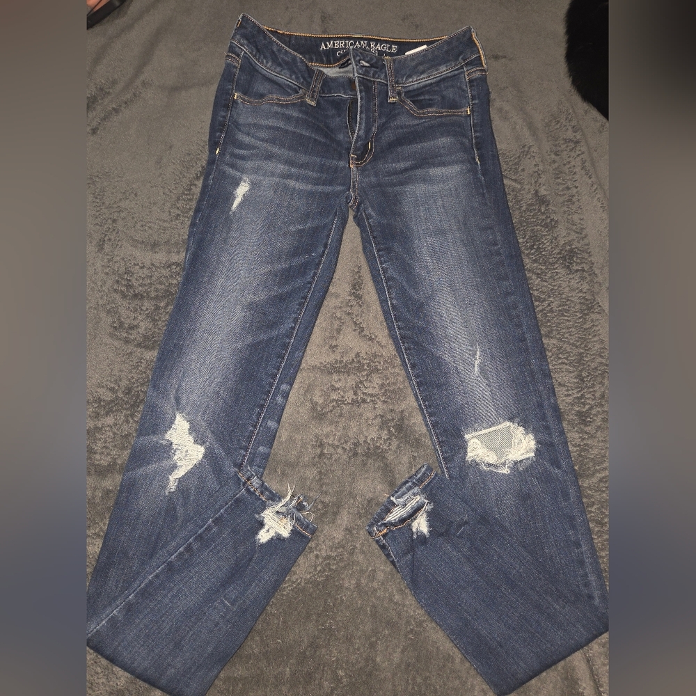 American Eagle Outfitters Dark Blue Distressed Skinny Super LOW cut Jeggins